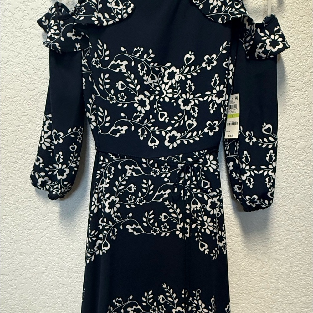 Maison Jules Black and White Ruffled Cold Shoulder Dress